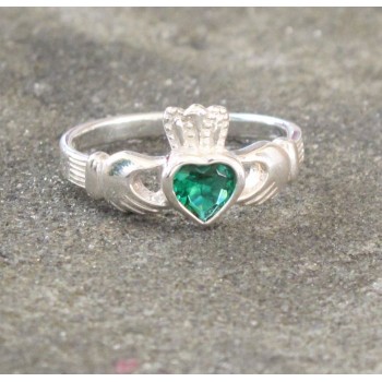 Womens Silver Claddagh Ring with Green Crystal